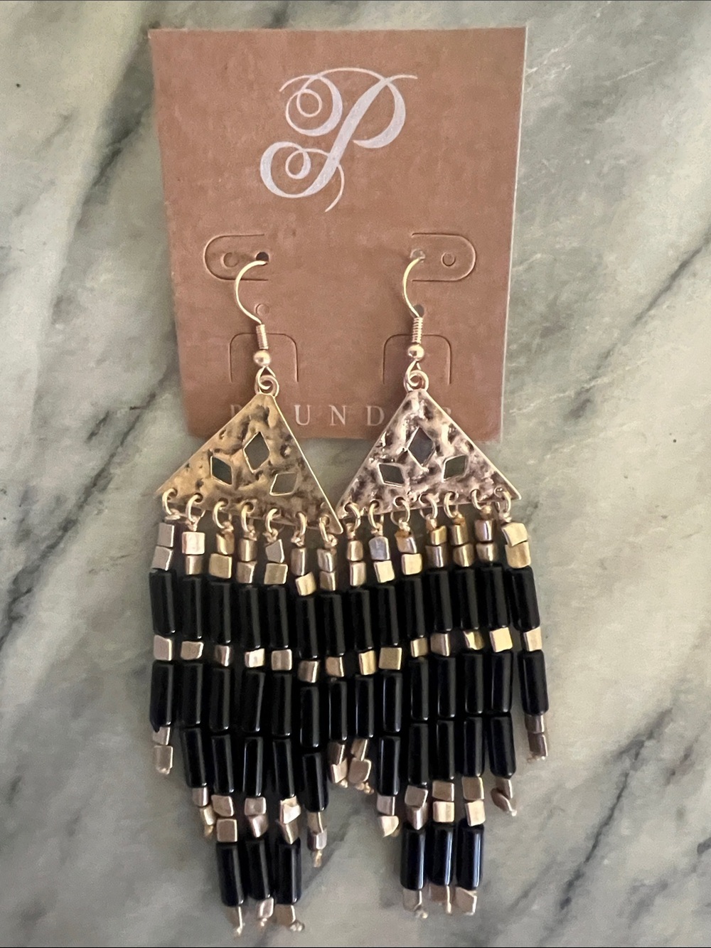 Plunder Gold-Tone and Black Beaded Fringe Earrings